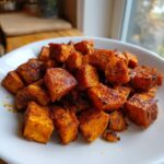 Close-up of perfectly seasoned and roasted sweet potatoes cubes piled high in a white bowl.