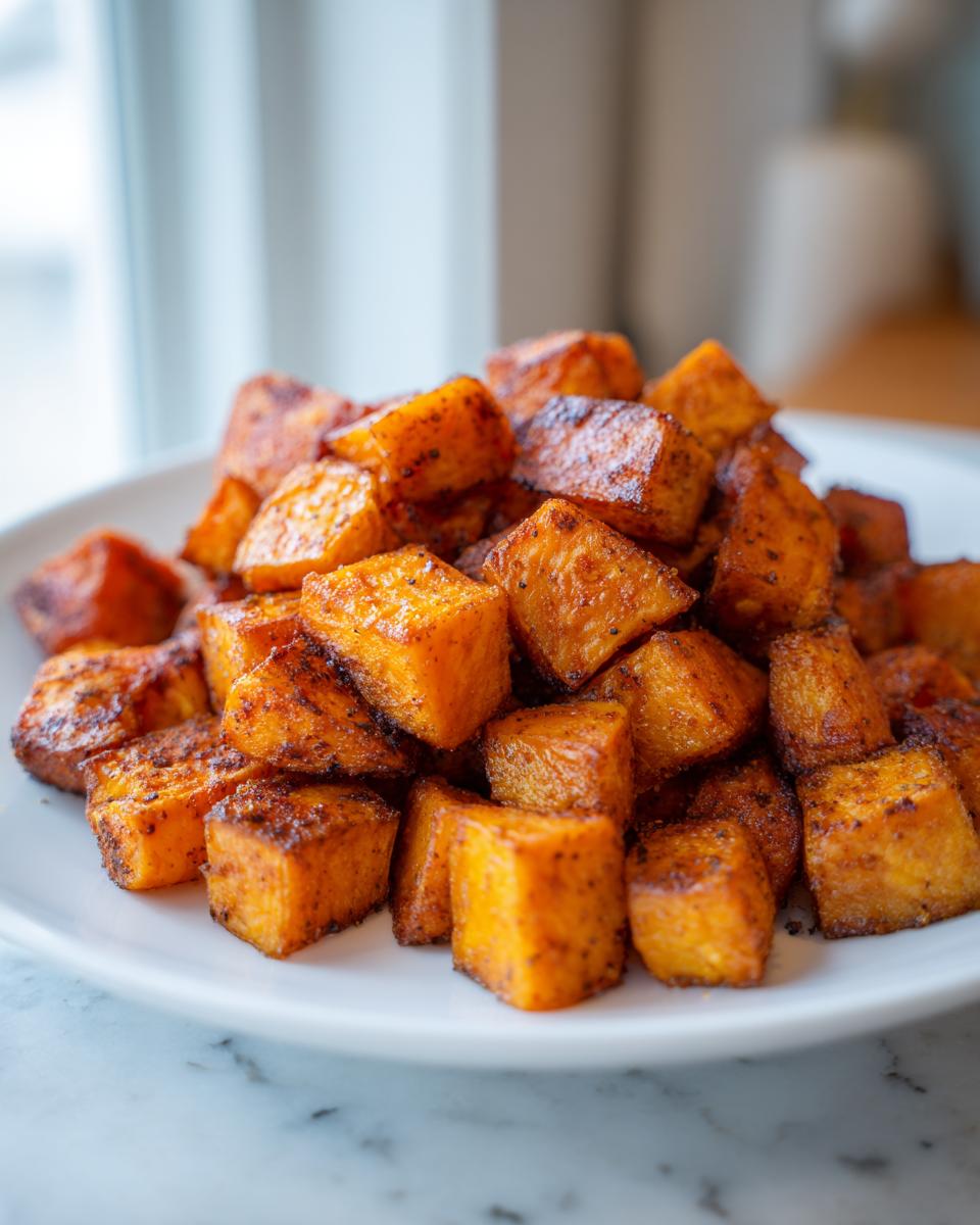 A close-up of a pile of perfectly seasoned and caramelized roasted sweet potatoes cubes on a white plate.