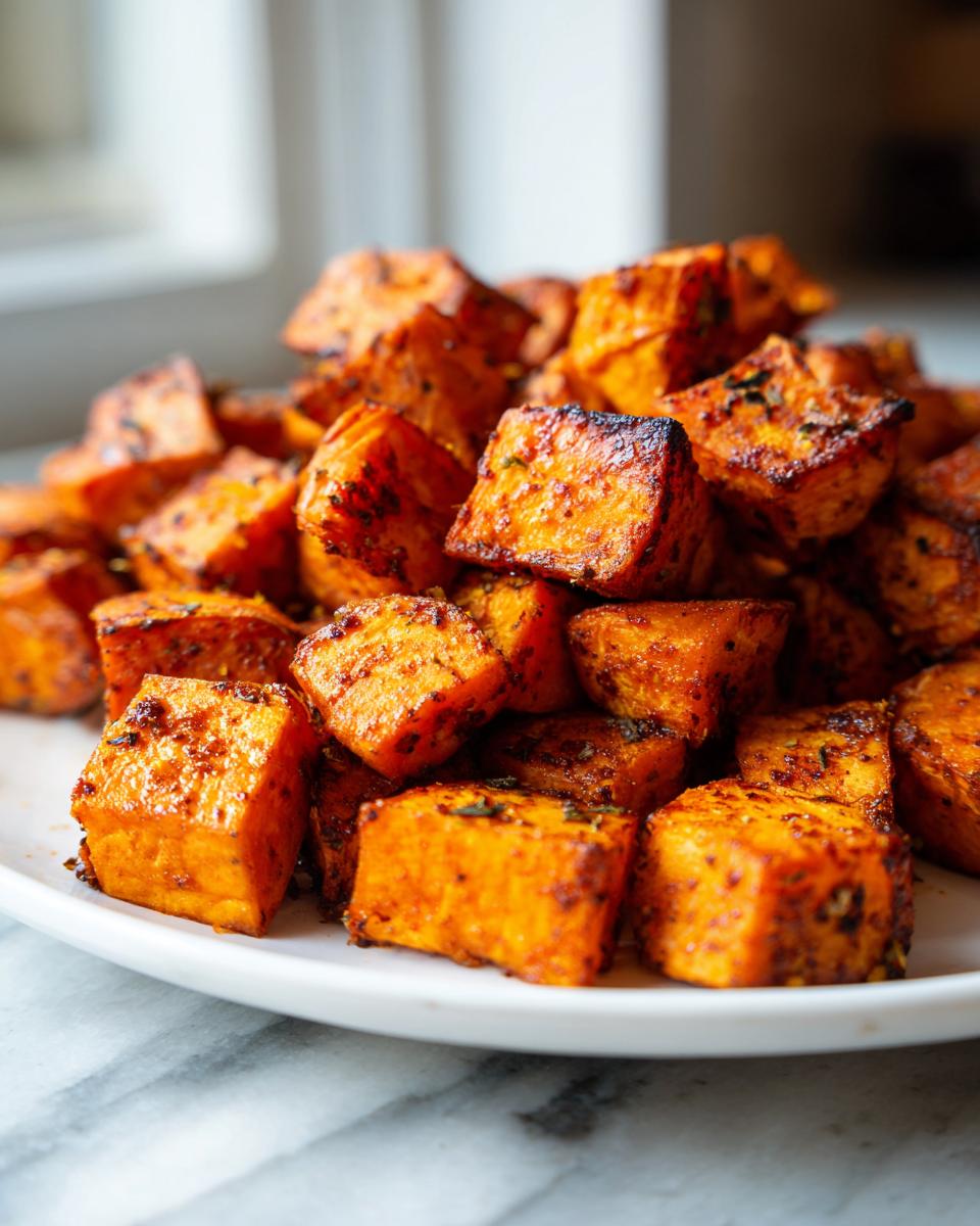 Close-up of perfectly seasoned and caramelized roasted sweet potatoes cubes piled on a white plate.