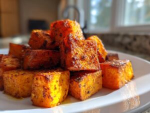 Close-up of perfectly seasoned and caramelized roasted sweet potatoes cubes stacked on a white plate.