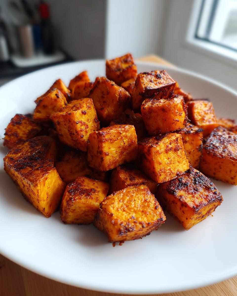 Close-up of perfectly seasoned and caramelized roasted sweet potatoes cubes piled on a white plate.