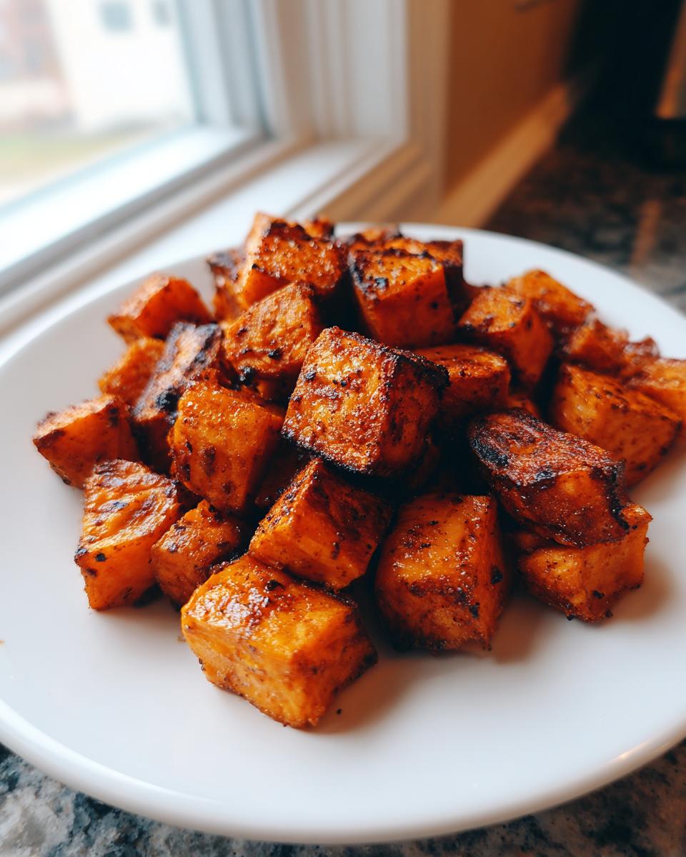 A close-up of perfectly caramelized and seasoned roasted sweet potatoes cubes piled on a white plate.