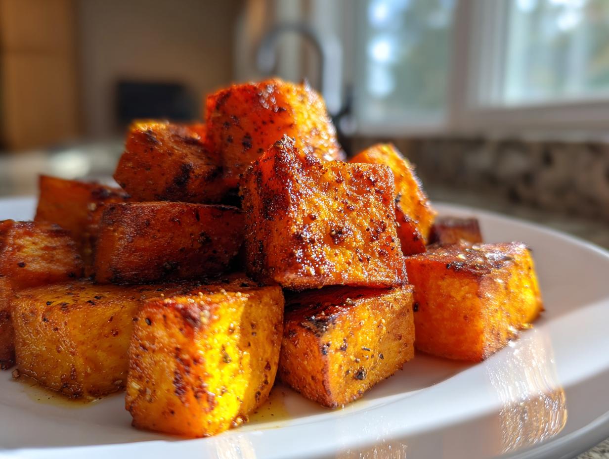 Close-up of perfectly seasoned and caramelized roasted sweet potatoes cubes stacked on a white plate.