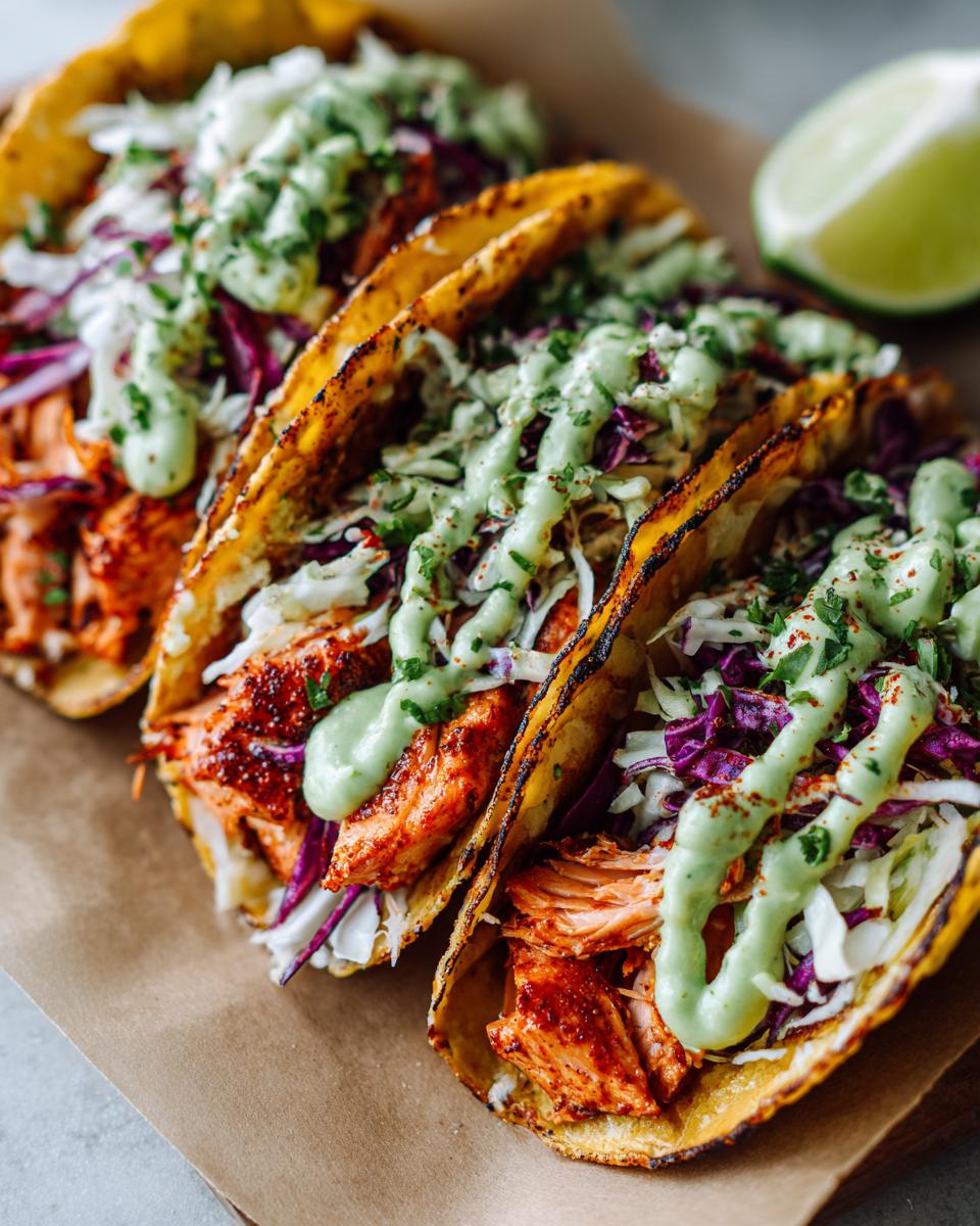 Three fully loaded salmon tacos with shredded cabbage and a drizzle of green sauce, ready to eat.