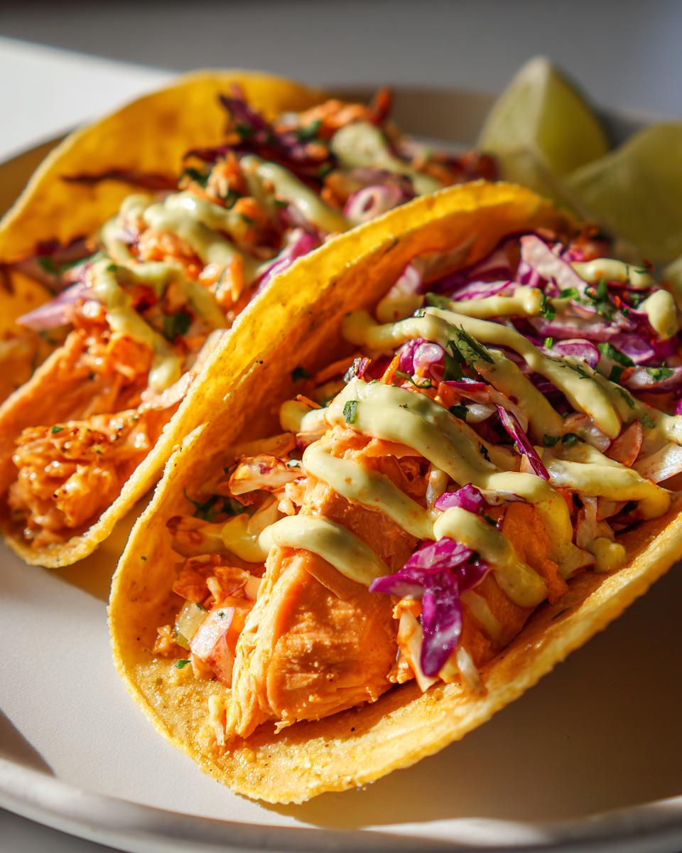 Two delicious salmon tacos filled with flaked salmon, purple cabbage slaw, and drizzled with a creamy green sauce.