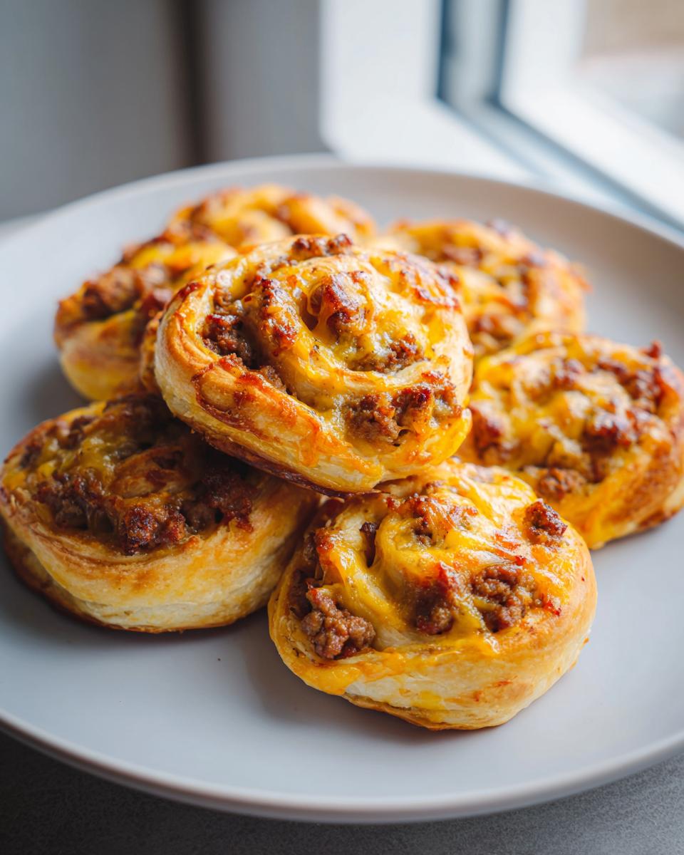 A stack of five freshly baked, golden sausage pinwheels topped with melted cheese on a light gray plate.