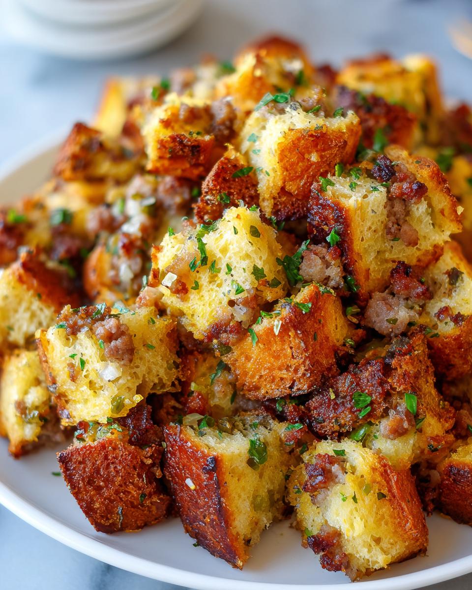Close-up of golden brown bread cubes mixed with savory sausage in an amazing sausage stuffing recipe, garnished with parsley.