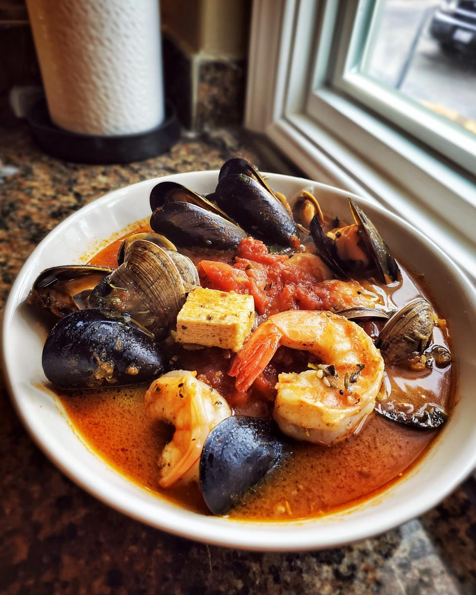 A close-up of a hearty seafood soup featuring mussels, clams, shrimp, and a piece of tofu or bread in a rich, red broth.