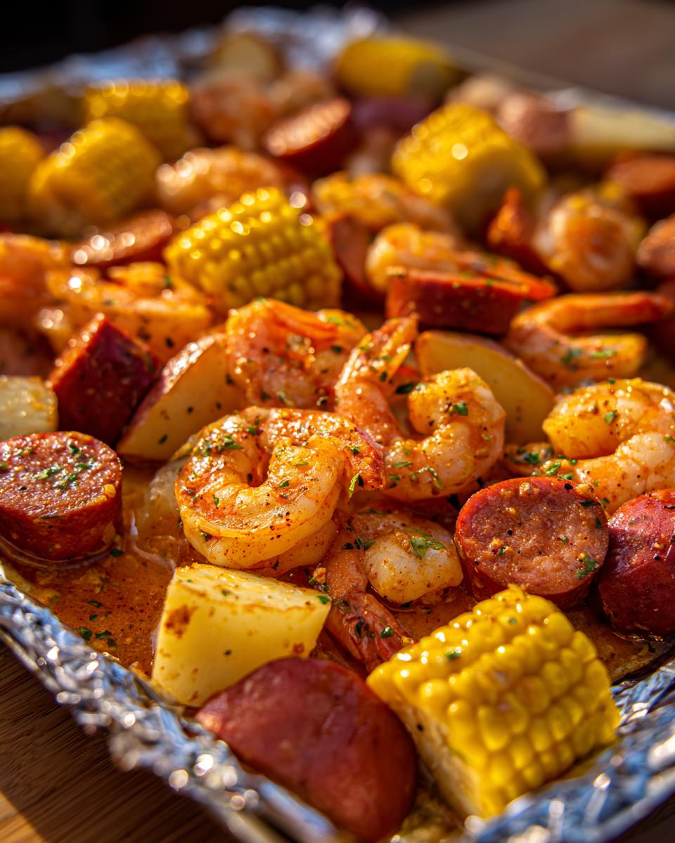 Close-up of a delicious shrimp boil mixture featuring seasoned shrimp, corn on the cob, potatoes, and sliced sausage in foil.