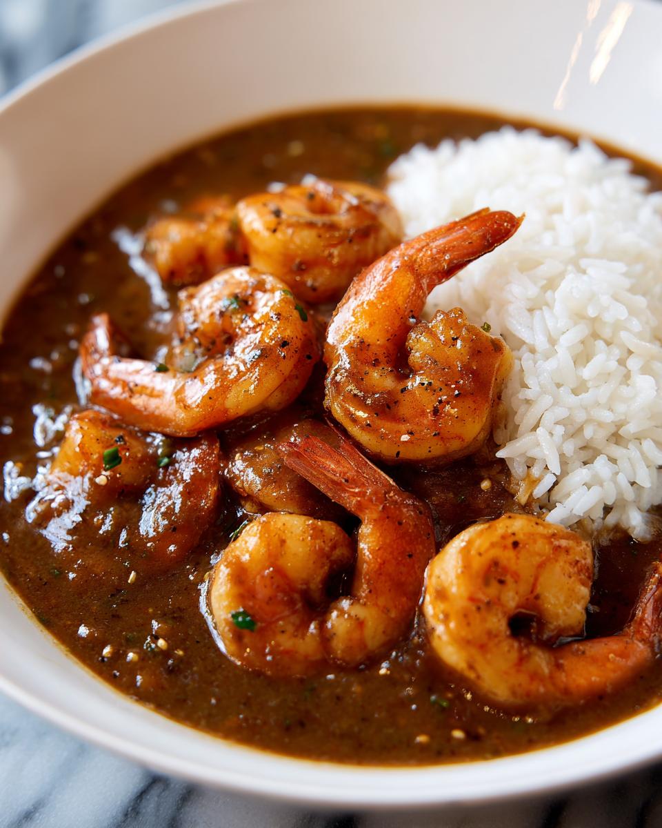 Close-up of a bowl of rich, dark shrimp etouffee featuring plump, seasoned shrimp next to a serving of white rice.