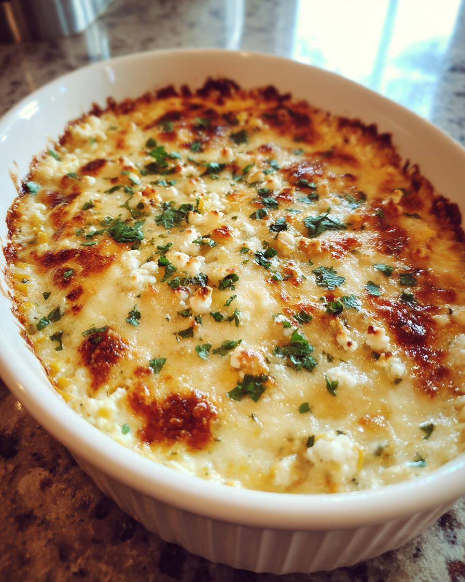 Close-up of a hot, baked street corn dip in a white oval dish, topped with browned cheese and parsley.