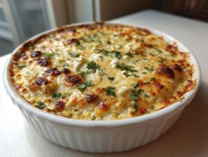A close-up of a freshly baked, bubbly street corn dip topped with melted cheese and fresh parsley.