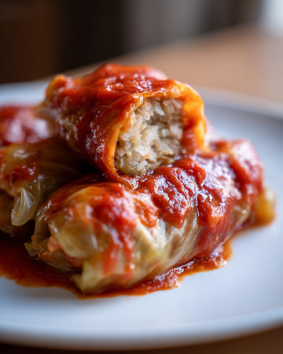 Close-up of Amazing Stuffed Cabbage Rolls covered in rich tomato sauce, showing the rice and filling inside one cut roll.