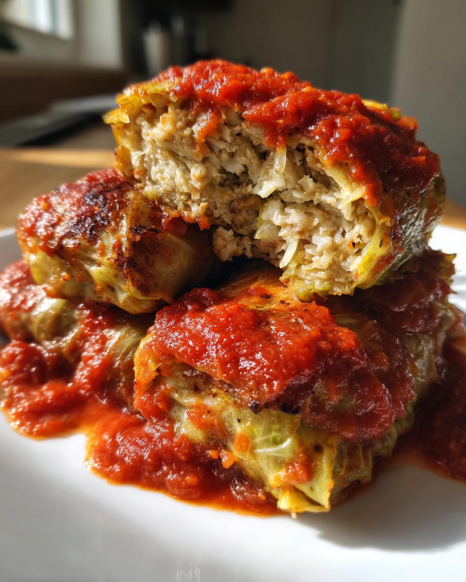 A stack of delicious Stuffed Cabbage Rolls smothered in bright red tomato sauce, one roll cut open showing rice filling.