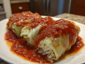 Three tender Stuffed Cabbage Rolls generously covered in rich, bright red tomato sauce, served on a white plate.