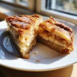Two moist slices of amazing swedish apple cake, showing layers of apple and cinnamon, served on a white plate.