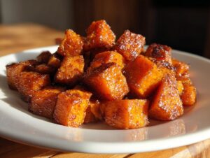 A close-up of perfectly caramelized, glazed sweet potatoes cubes piled high on a white plate.