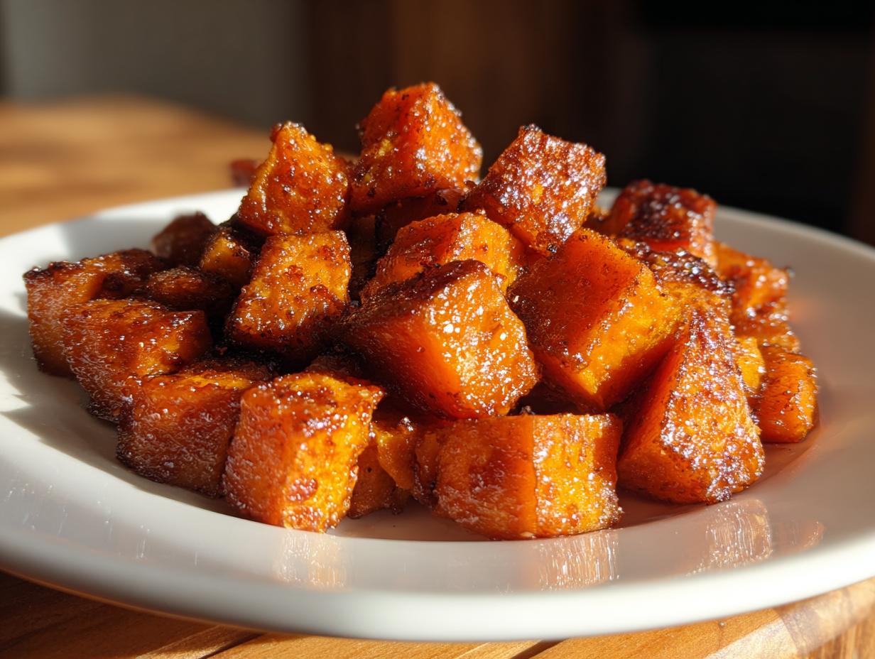 A close-up of perfectly caramelized, glazed sweet potatoes cubes piled high on a white plate.