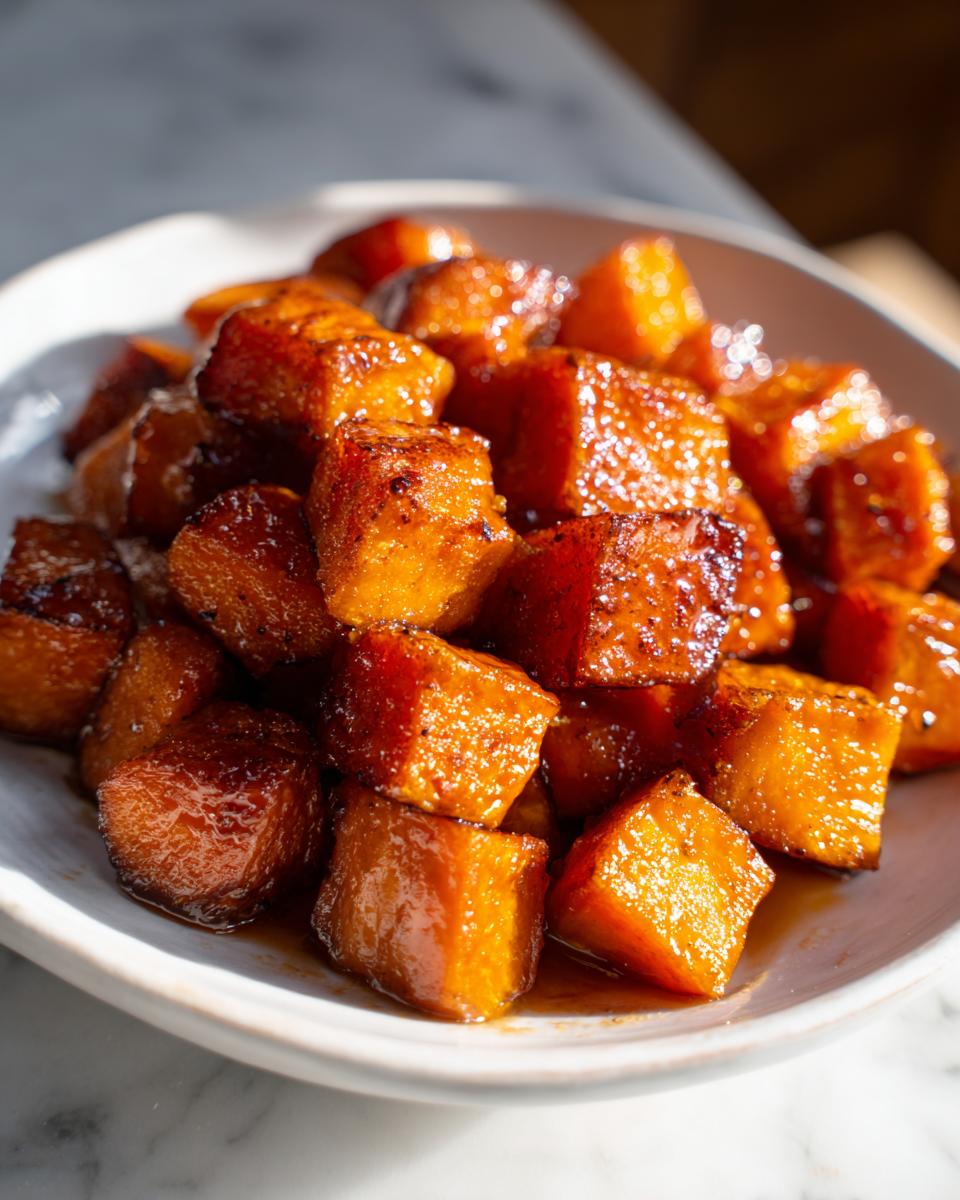 Close-up of glossy, caramelized cubes of sweet potatoes piled in a white bowl.