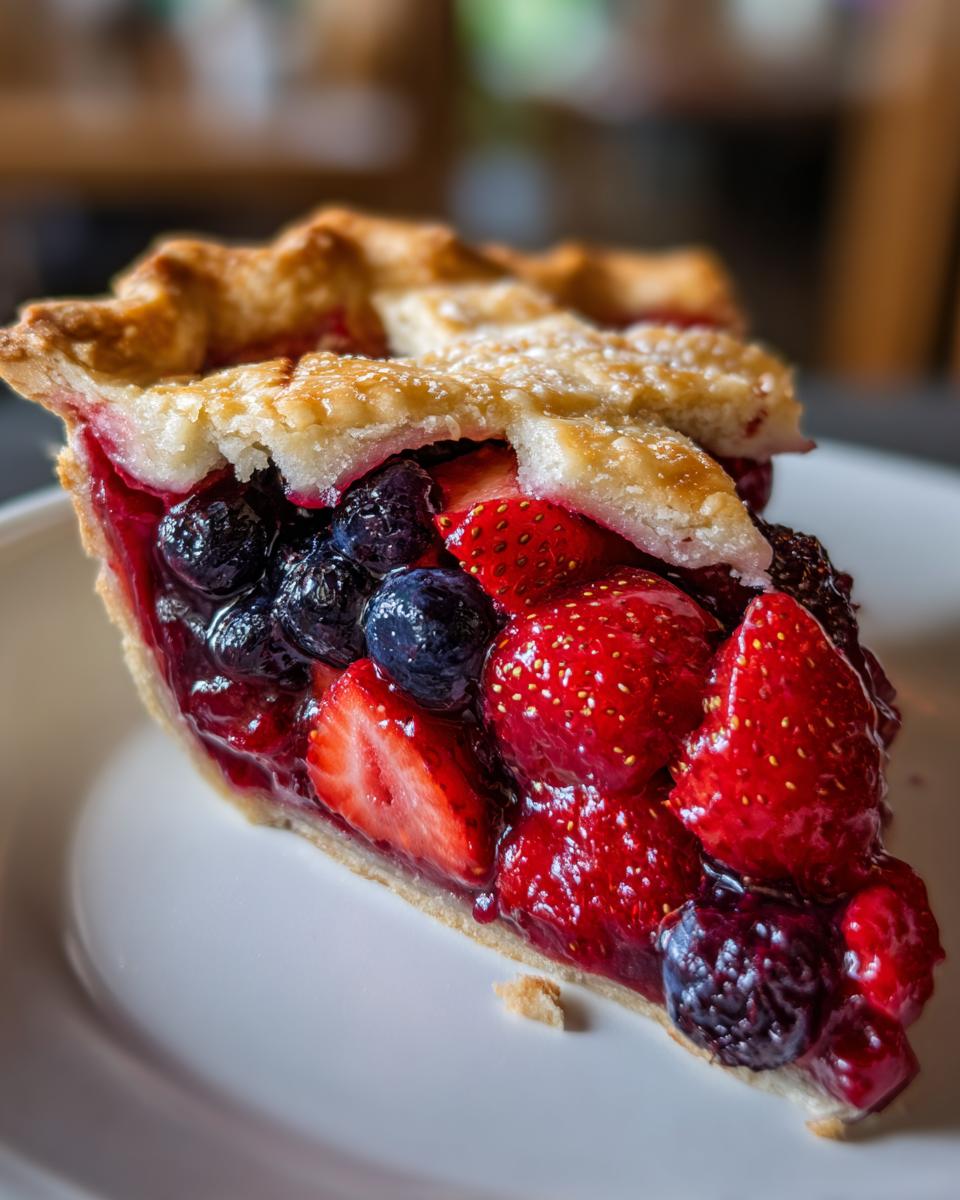 Close-up of a juicy slice of triple berry pie showing strawberries, blueberries, and blackberries under a golden lattice crust.