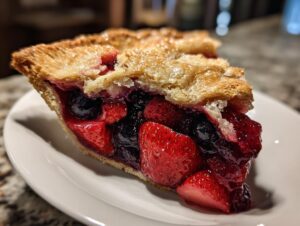 Close-up of a juicy slice of triple berry pie showing strawberries and blueberries in a flaky, golden crust.
