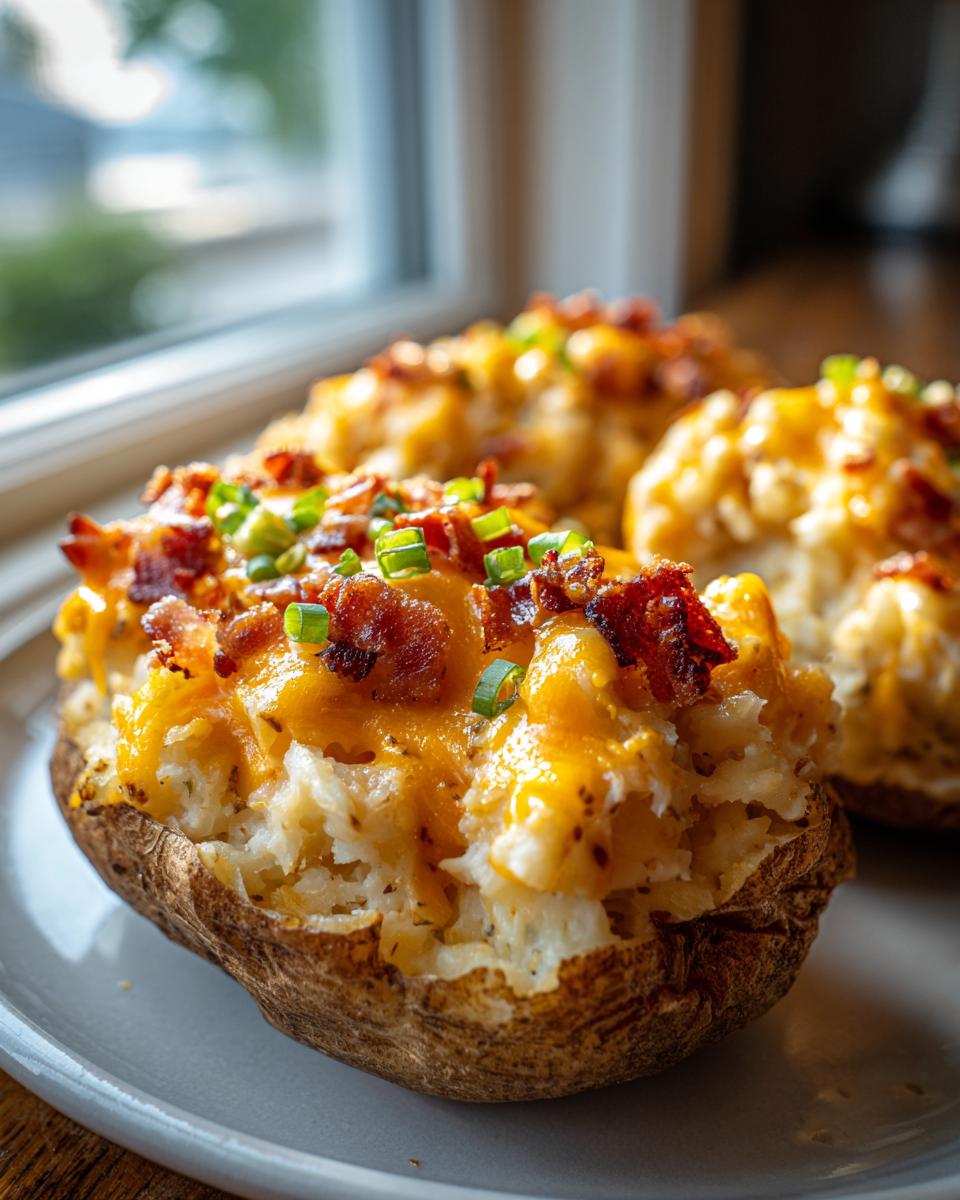 A close-up of a perfectly prepared twice baked potato, loaded with melted cheddar cheese, bacon bits, and green onions.