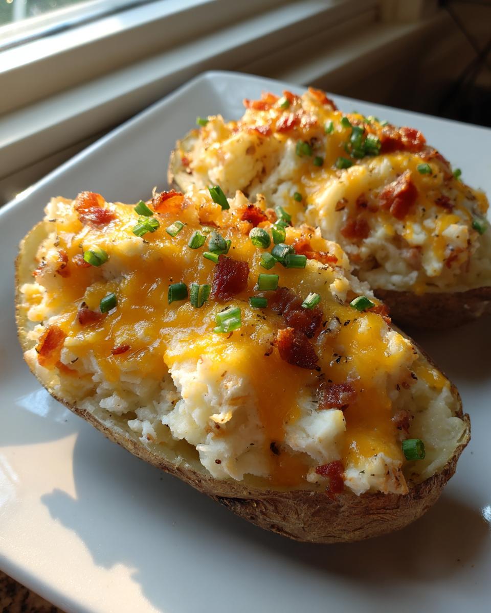 Two halves of a twice baked potato filled with mashed potato, melted cheddar cheese, bacon bits, and chives.