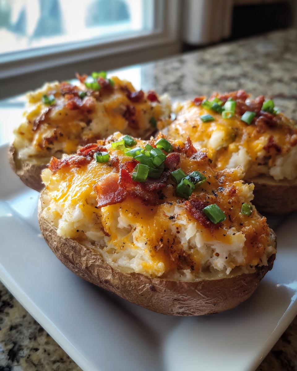 Three fully loaded twice baked potatoes topped with melted cheddar cheese, bacon bits, and fresh green onions.