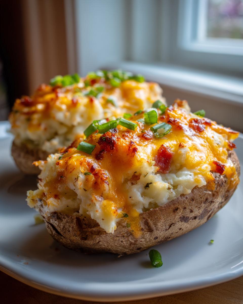 Close-up of two delicious twice baked potatoes topped with melted cheddar cheese and green onions.