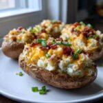 Three amazing twice baked potatoes stuffed with creamy filling, melted cheddar cheese, bacon bits, and green onions.