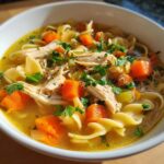 A close-up, appetizing view of homemade chicken noodle soup featuring shredded chicken, bright carrots, egg noodles, and fresh parsley.