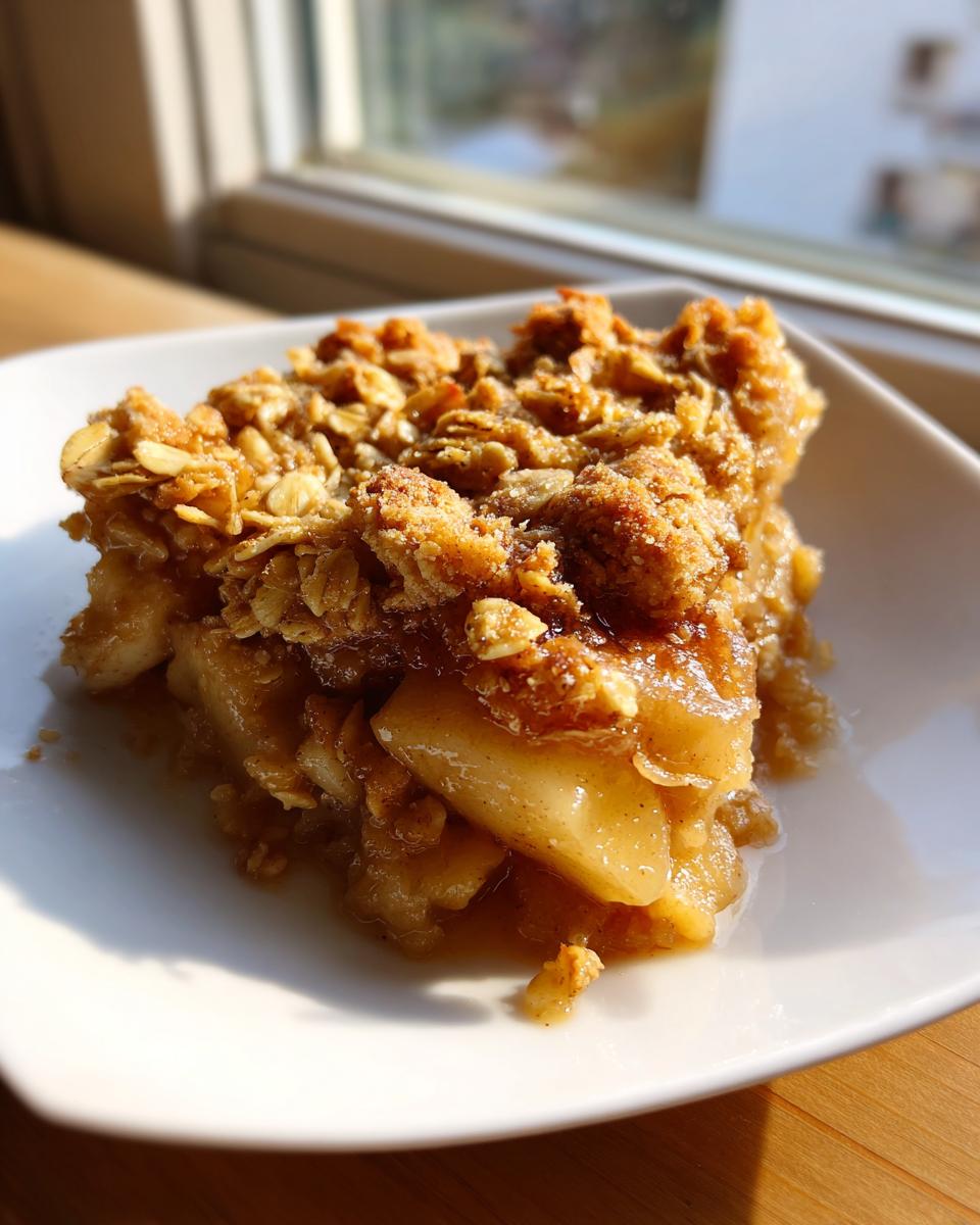 A close-up shot of a square slice of warm apple crisp with a thick oat topping on a white plate.