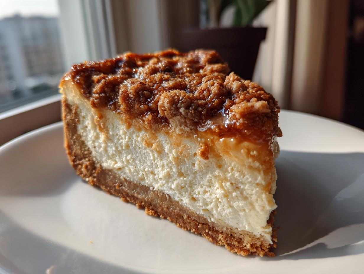 A close-up of a perfect slice of apple pie cheesecake showing a graham cracker crust, creamy filling, and brown sugar crumble topping.