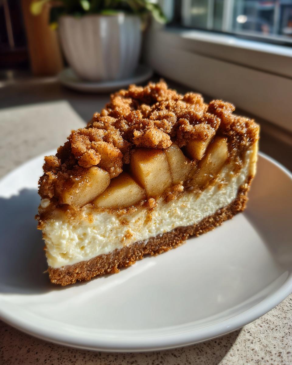 A perfect slice of apple pie cheesecake featuring a graham cracker crust, creamy filling, spiced apples, and crumble topping.