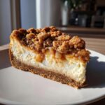 A close-up slice of amazing apple pie cheesecake featuring a graham cracker crust, creamy filling, and cinnamon apple crumble topping.