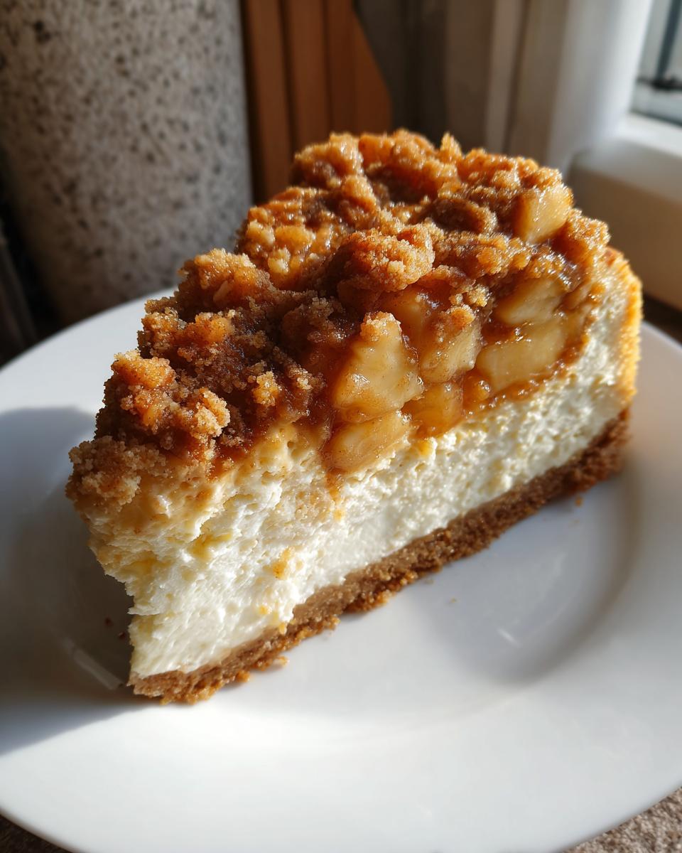 A decadent slice of apple pie cheesecake featuring a graham cracker crust, creamy filling, and apple crumble topping.