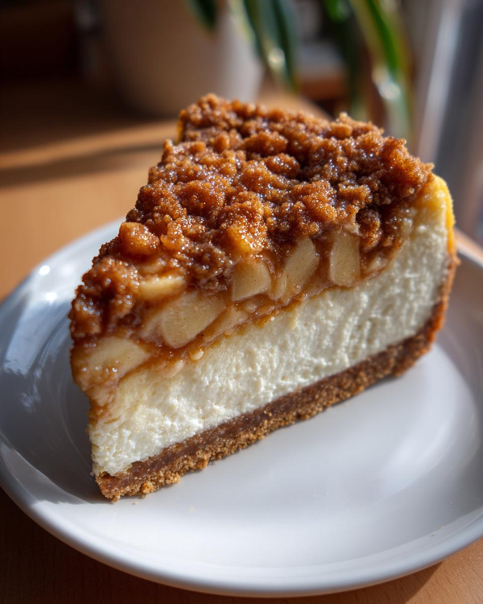 A perfect slice of apple pie cheesecake featuring a graham cracker crust, creamy filling, apple layer, and brown sugar crumble.
