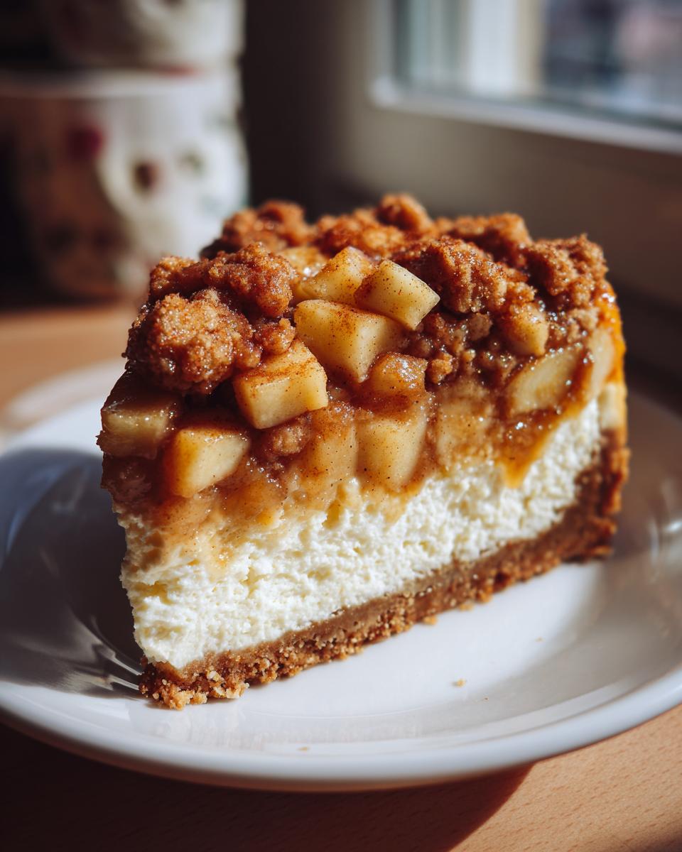 Close-up of a perfect slice of apple pie cheesecake topped with spiced apples and crumble.