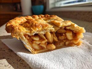 Close-up of a slice of apple pie recipe showing thick, spiced apple filling and a golden, flaky lattice crust.