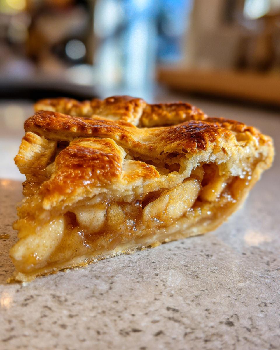 Close-up of a golden brown slice from an apple pie recipe showing thick apple filling and a flaky lattice crust.