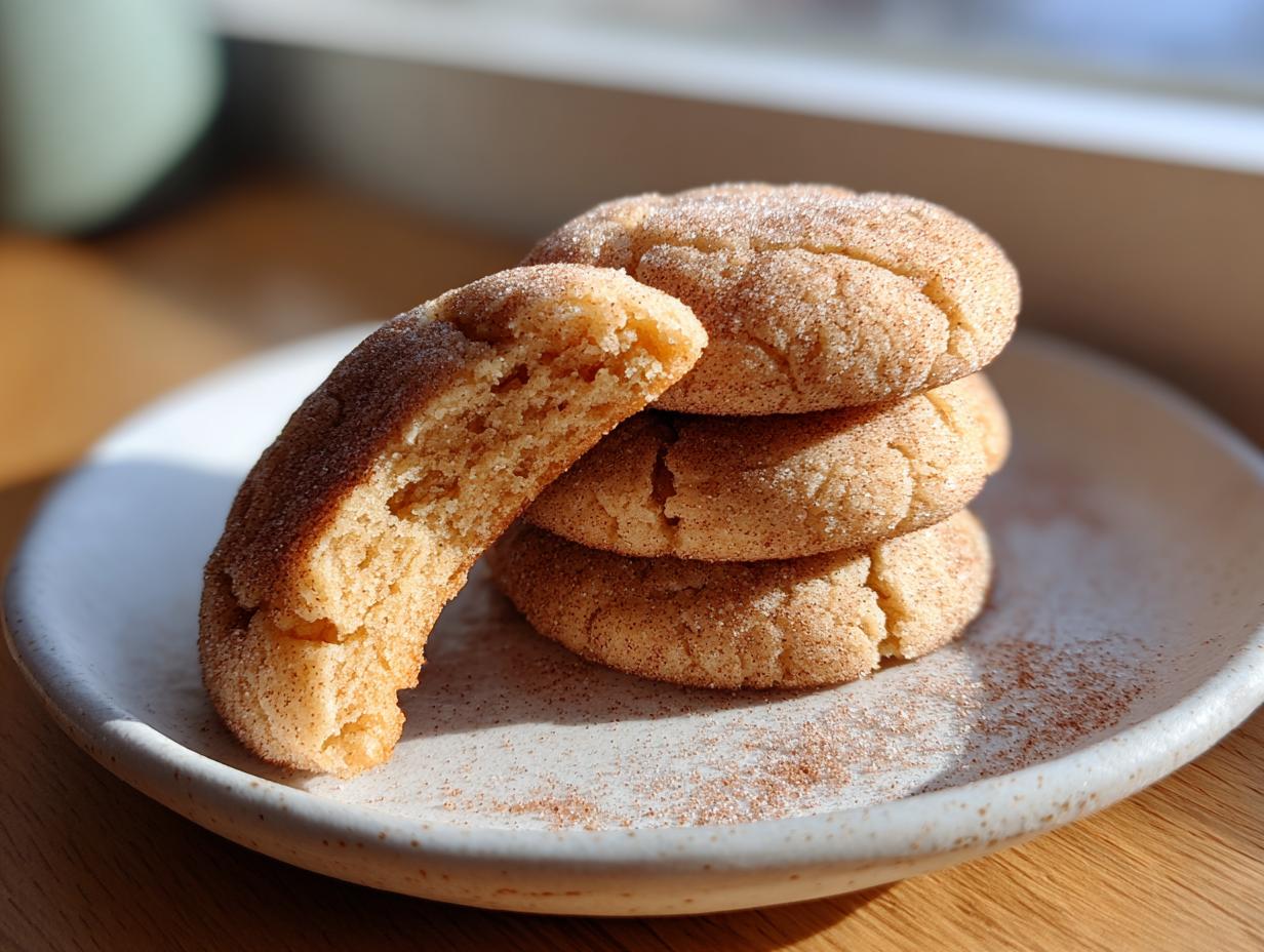 A stack of three cinnamon-sugar coated applesauce cookies with one cookie broken in half to show the soft interior.