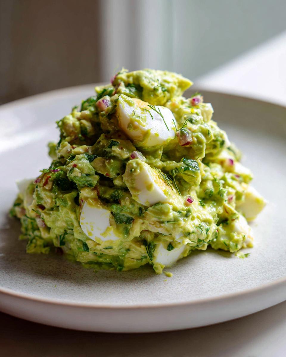 A mound of bright green avocado egg salad mixed with chunks of hard-boiled egg served on a light gray plate.