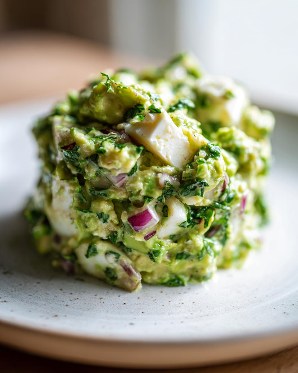 Close-up of a molded serving of creamy avocado egg salad with visible chunks of egg white and red onion.