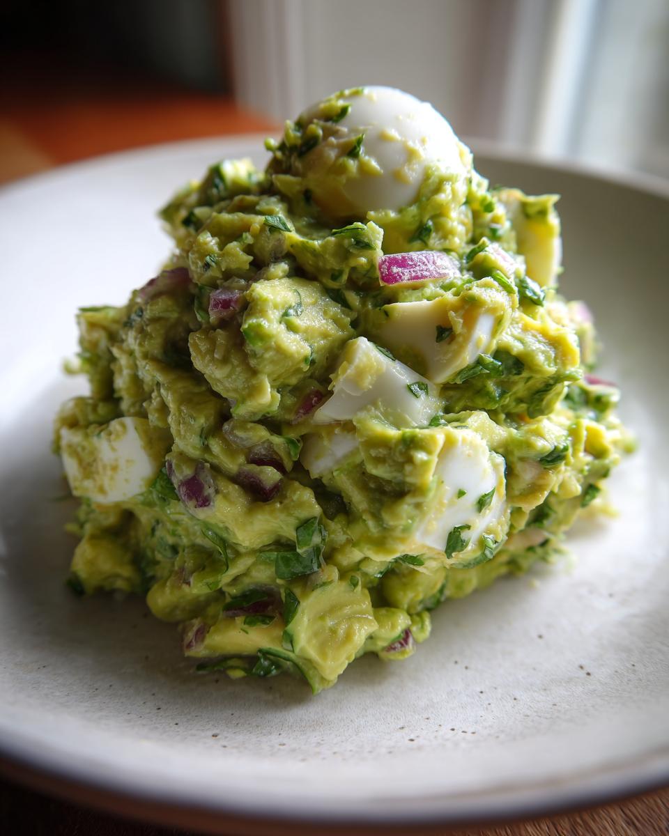 A mound of vibrant green avocado egg salad mixed with chopped hard-boiled eggs and red onion, served on a light plate.