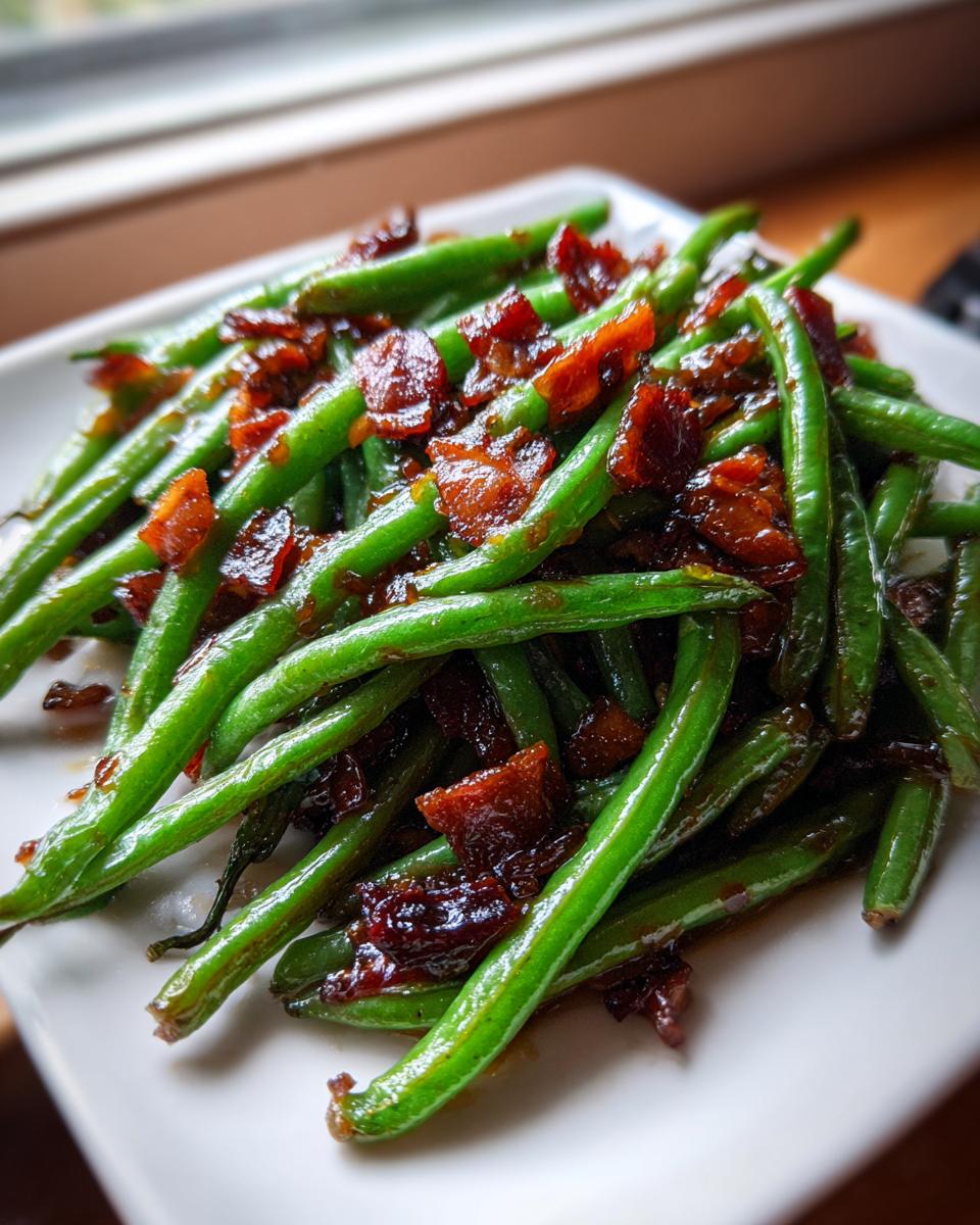 Close-up of bright green beans tossed with crispy, caramelized bacon pieces.