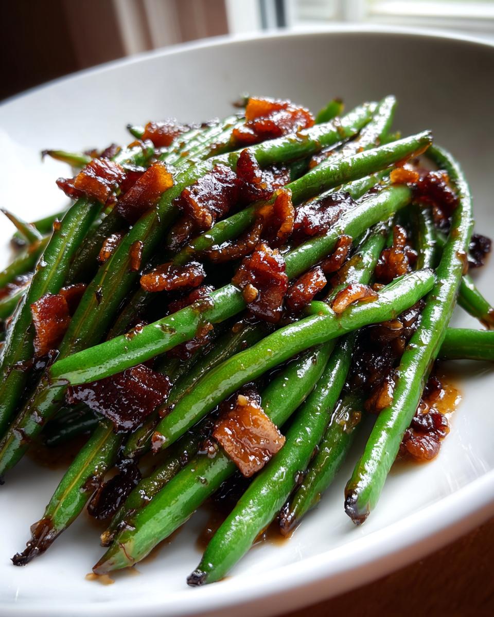 Close-up of vibrant green beans tossed in a dark, sweet glaze with crispy bacon pieces.
