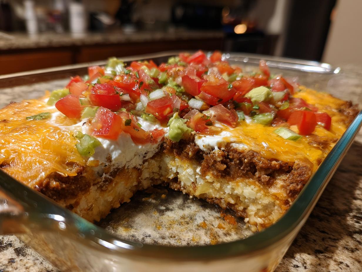 A baked 7 layer dip in a glass dish with a section removed, showing layers of ingredients topped with fresh tomatoes and avocado.