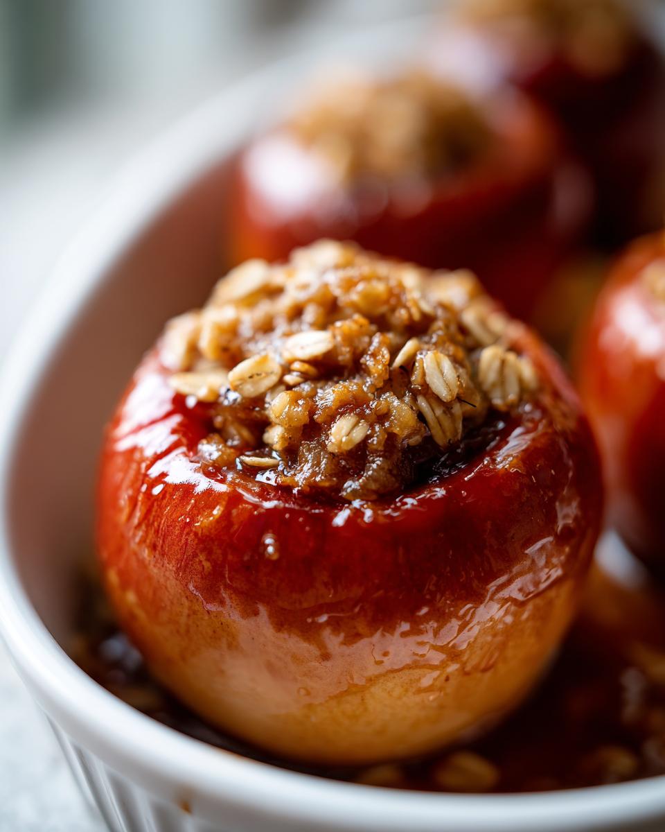 Close-up of a glistening, caramelized baked apple topped with an oat and brown sugar crumble filling.