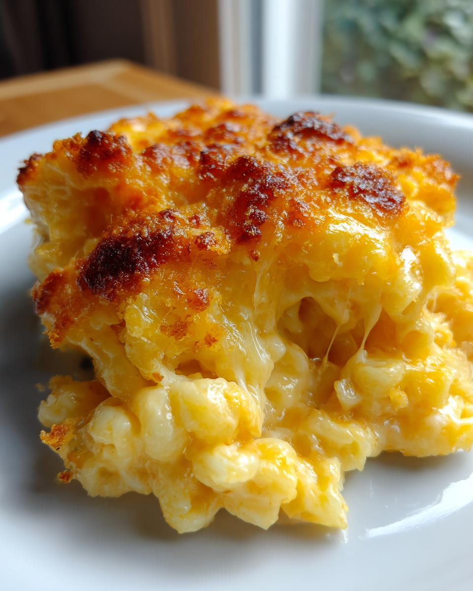 Close-up of a serving of creamy baked mac and cheese recipe with a bubbly, browned cheese crust.