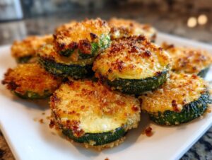 A pile of crispy, golden brown baked parmesan zucchini slices stacked on a white plate.